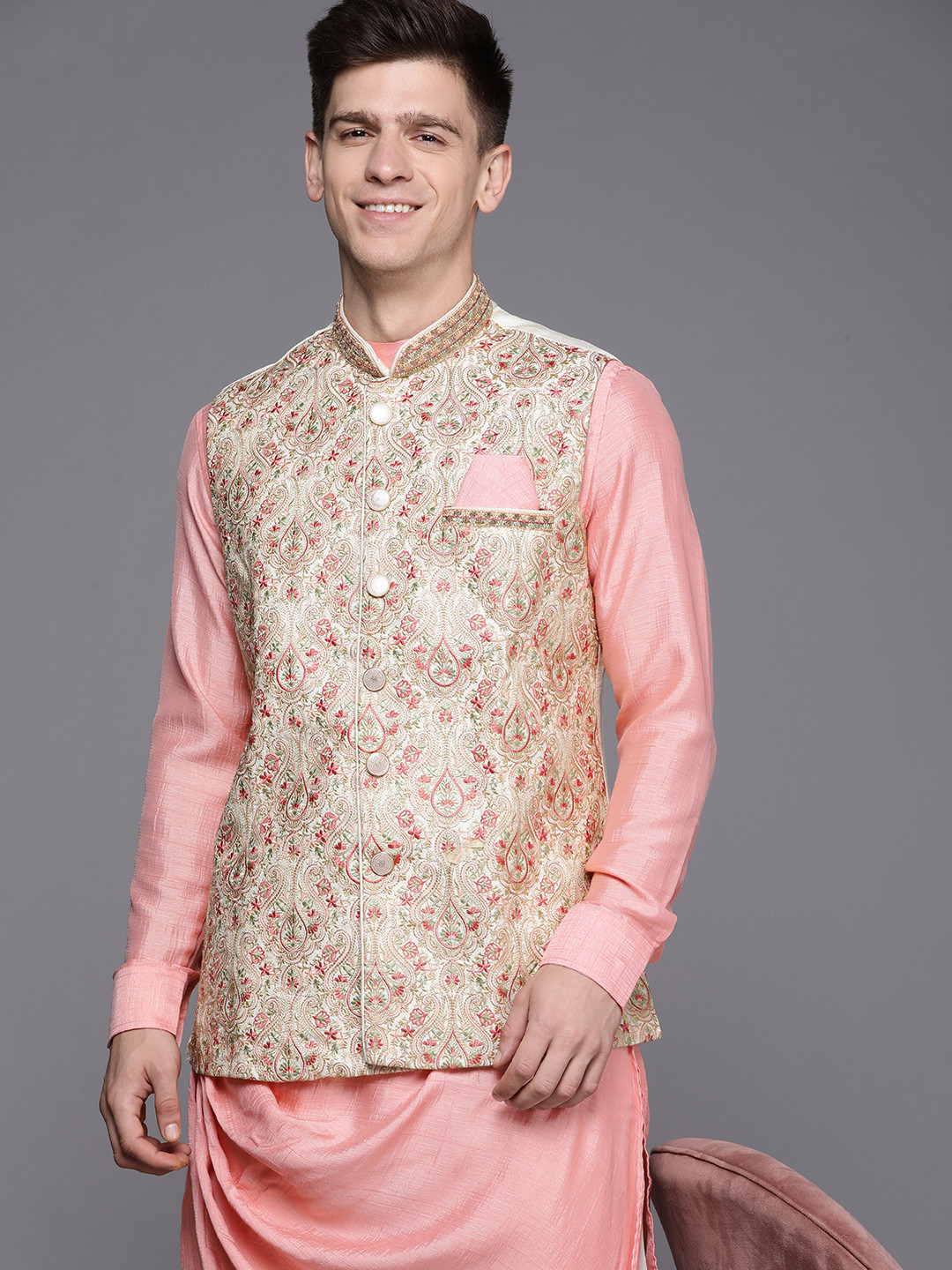 Buy Manyavar Men Peach Coloured & Beige Kurta & Churidar With Jacket