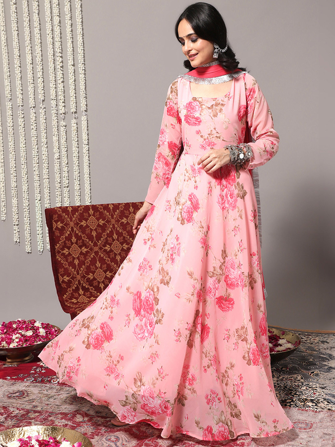 Georgette Front Cut Kurta Suit With Palazzo Pants And All-Over Chikankari Work E