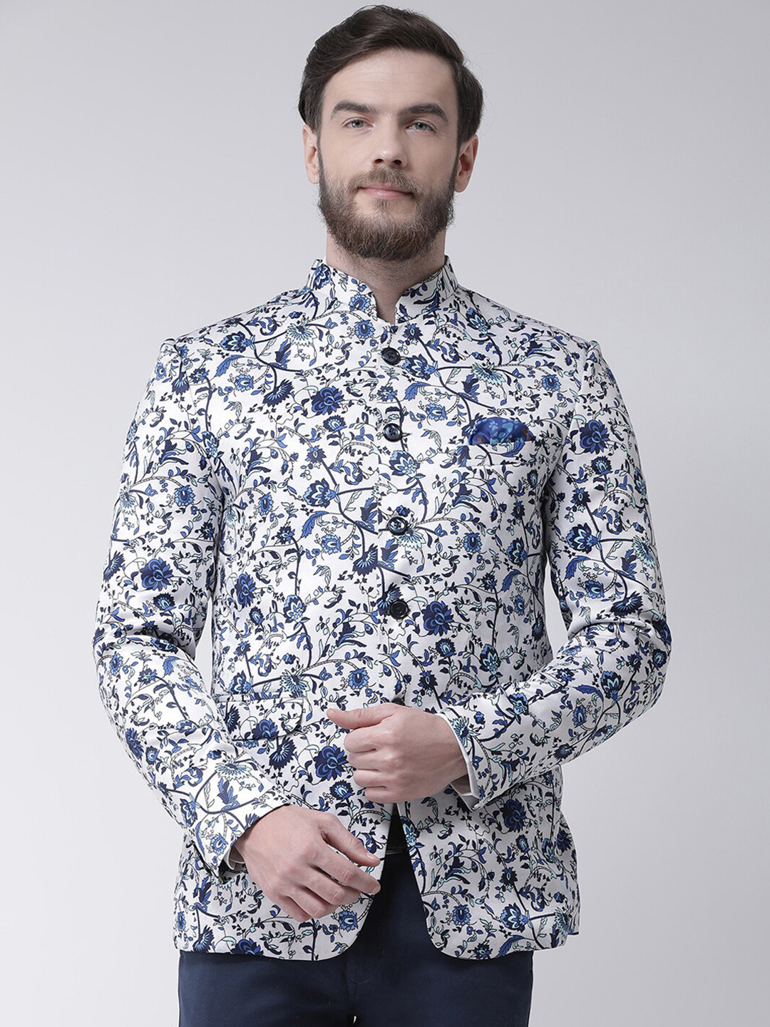 Men's Navy Blue Printed Bandhgala Cotton Casual Blazer