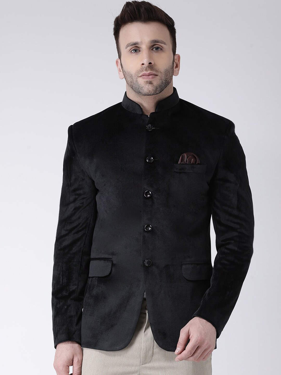 Men’s Black Bandhgala Blazer with Gold Horse Embellishment Cocktail Party Outfit