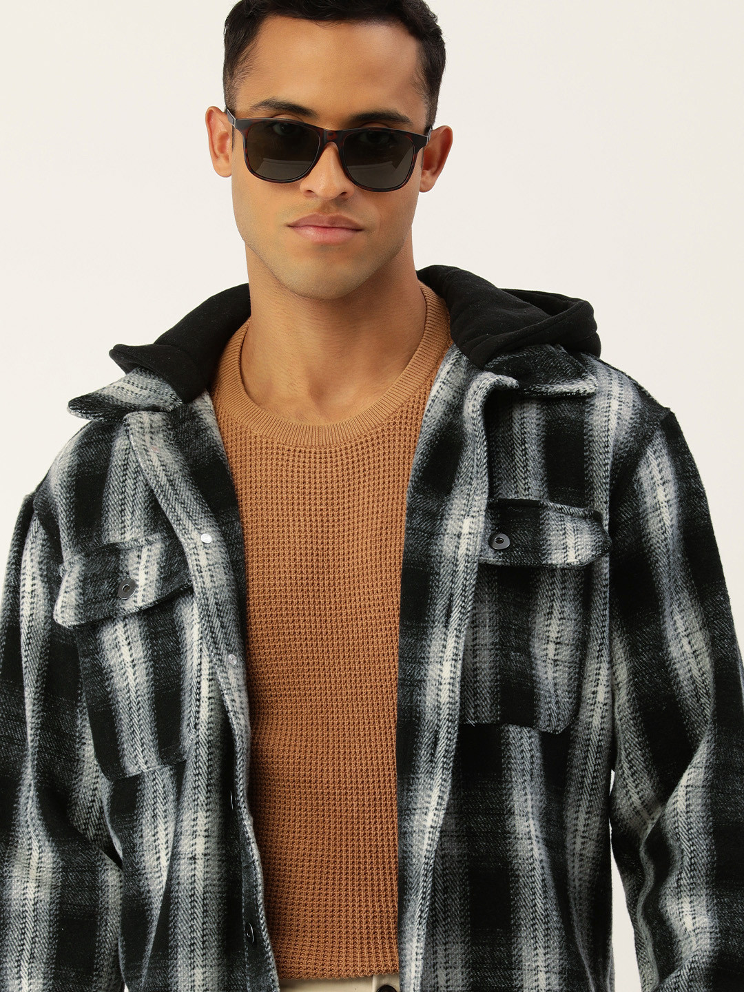 Buy FOREVER 21 Men Black And White Checked Hooded Tailored Jacket buy-forever-21-men-black-and-white-checked-hooded-tailored-jacket