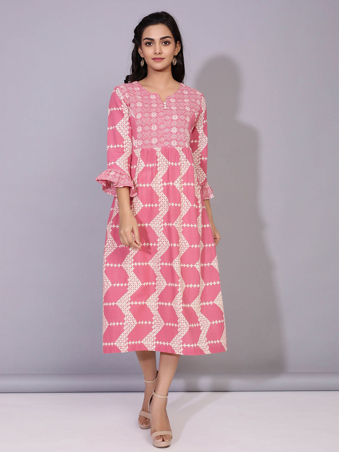 Women Pink  And Off White  Printed Dress