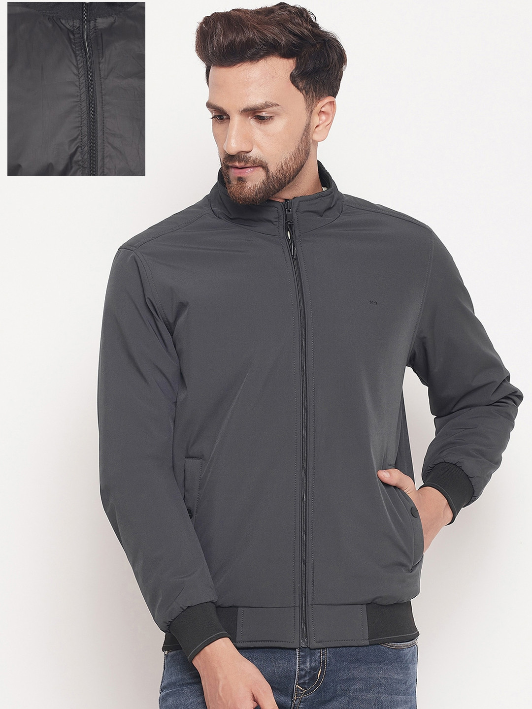 Buy Okane Men Grey Solid Reversible Bomber Jacket Jackets for Men