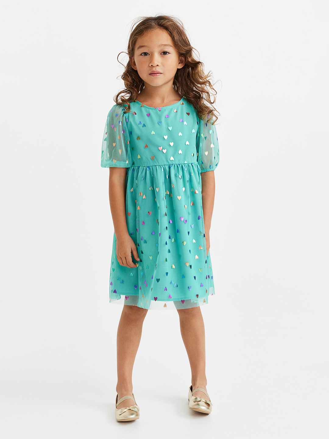 Buy H&M Girls Turquoise Blue & Pink Printed Puff Sleeved Dress ...