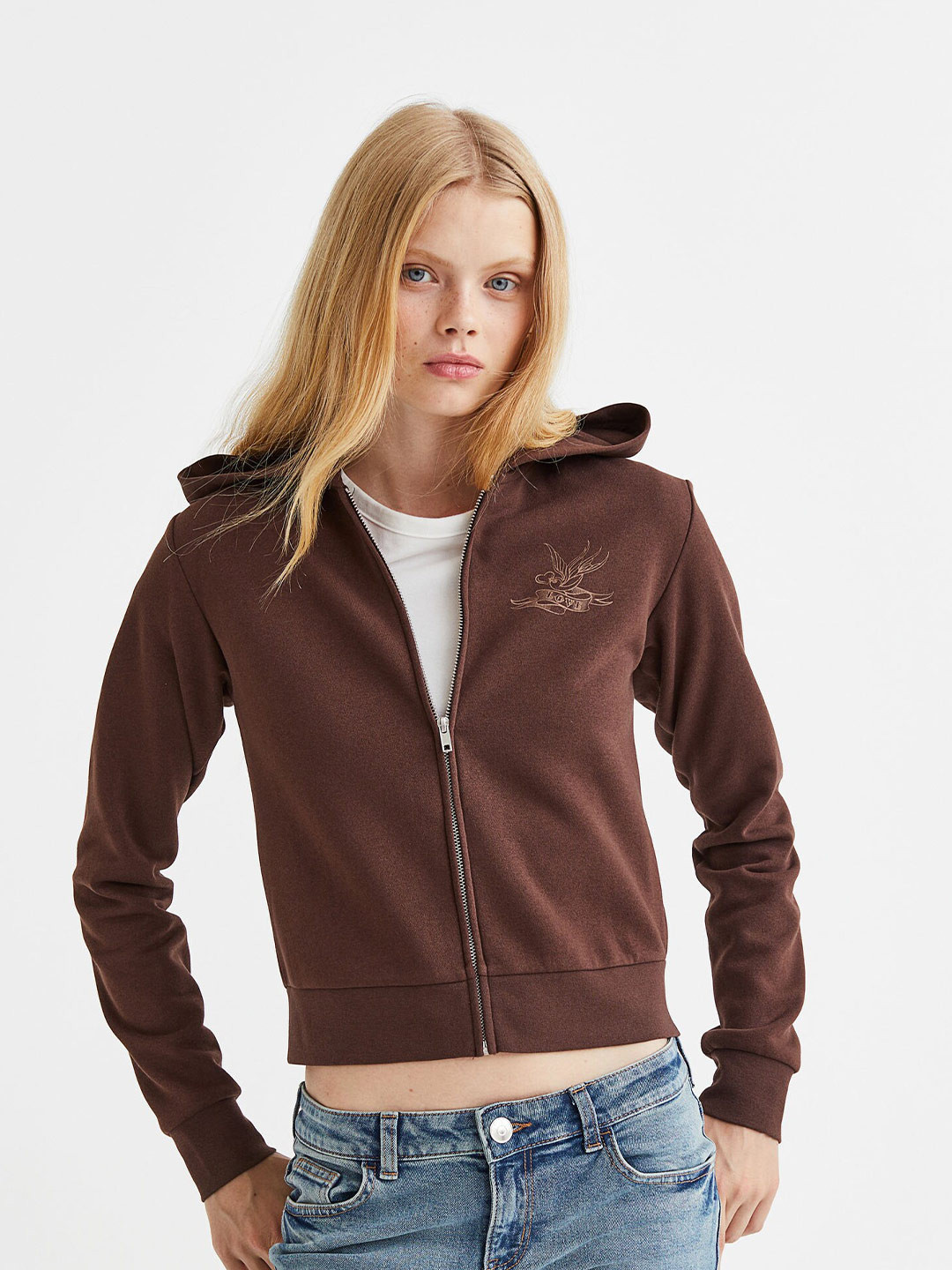 Buy H&M Women Brown Solid Cropped Zip Through Hoodie Sweatshirts for