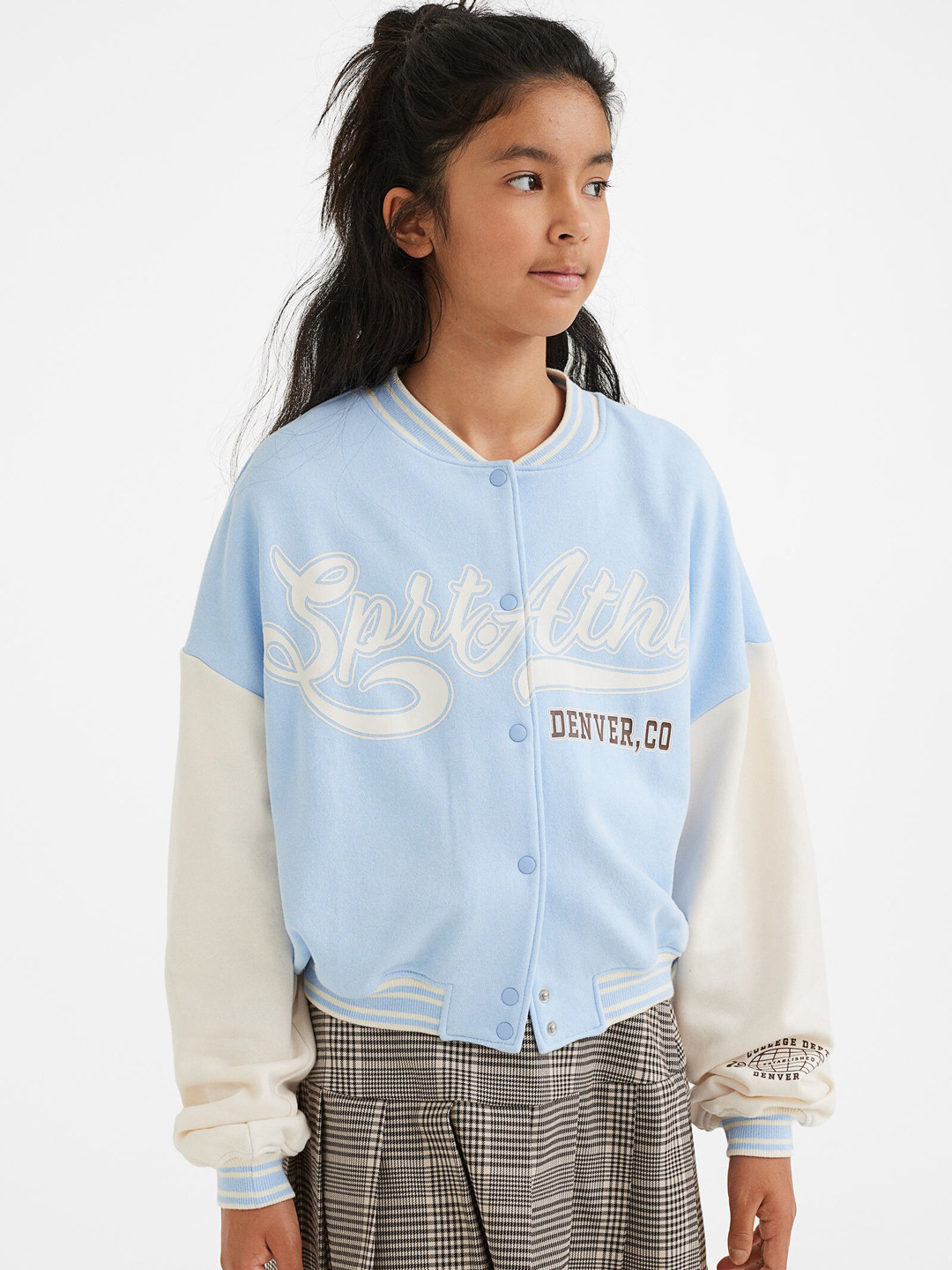 Buy H&M Girls Blue & Grey Printed Oversized Baseball Jacket Jackets