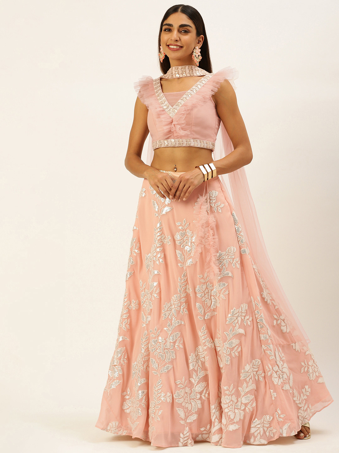 Girls Green & Peach-Coloured Embellished Ready To Wear Lehenga & Blouse With Dupatta