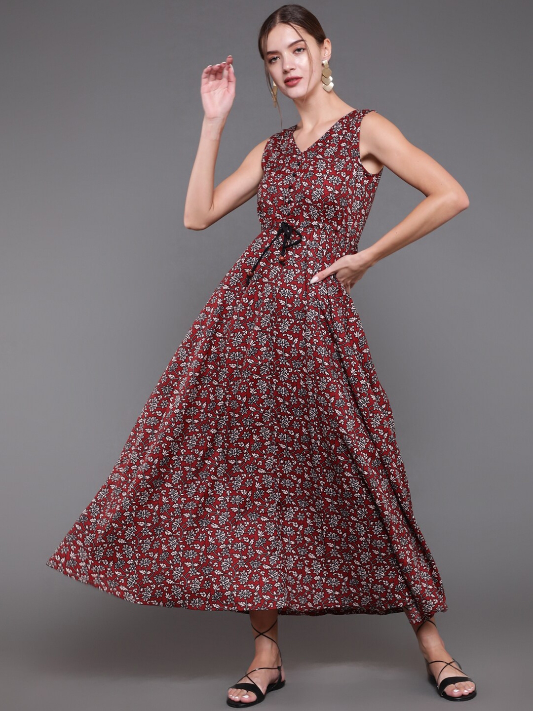 Buy Antaran Women Maroon Floral Pure Cotton Maxi Dress - Dresses for