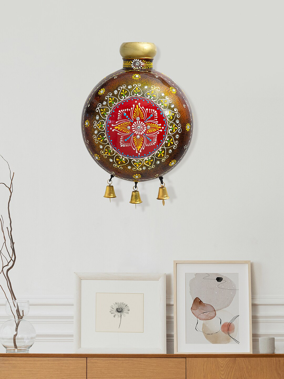 Buy Golden Peacock Brown Floral Hand Painted Metal Round Vase Wall