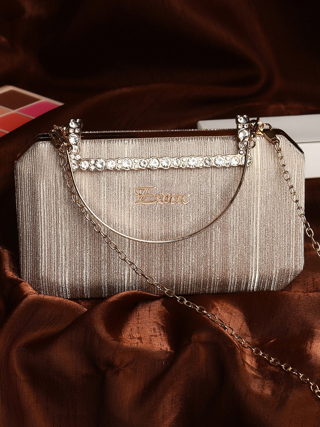 Gold-Toned Embellished Box Clutch with Dual Compartments & Strap