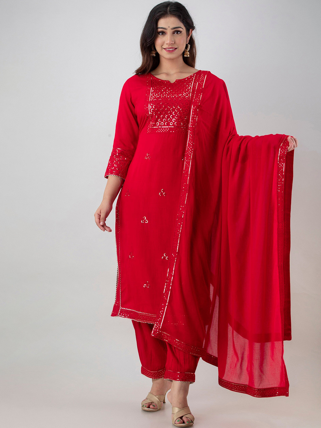 Plus Size Red Embroidered Straight Kurta Trousers With Dupatta Set