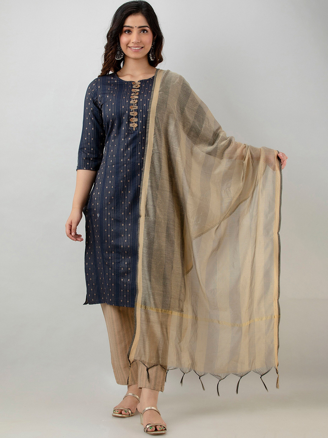 Women Blue Printed Straight Kurta Trousers With Dupatta Set
