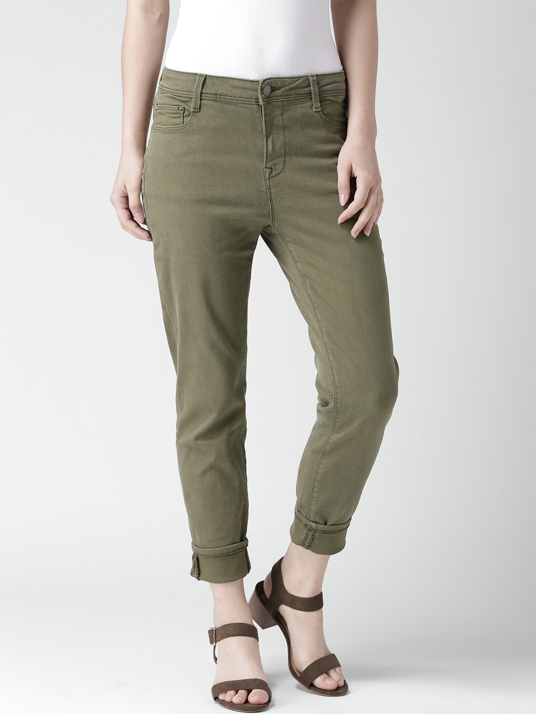 Buy FOREVER 21 Women Olive Green Solid Casual Trousers - Trousers for ...