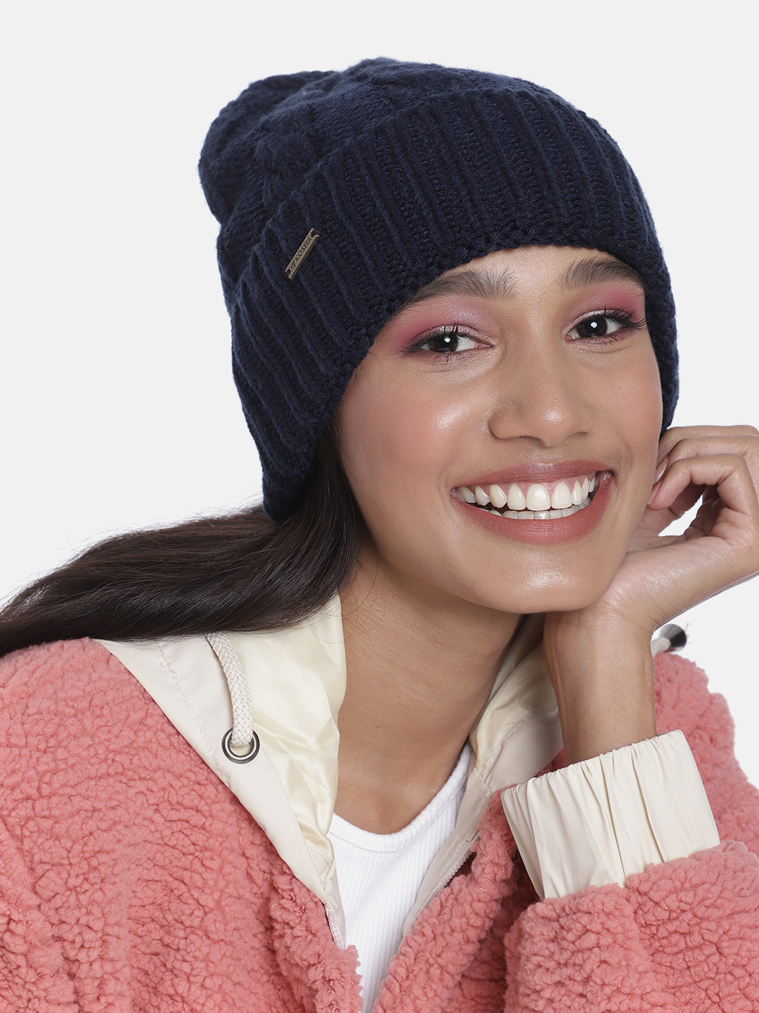 Ladies Wool Cable Knit Beanie Hat with Contrast Flower - Off White