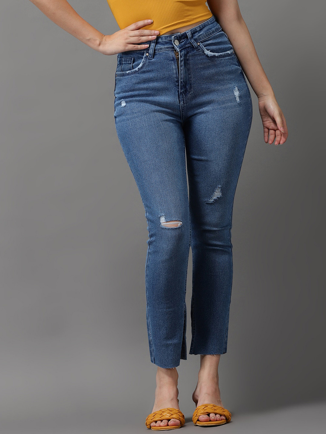 Women's Blue Jean Slim Fit High-Rise Low Distress Light Fade Stretchable Jeans