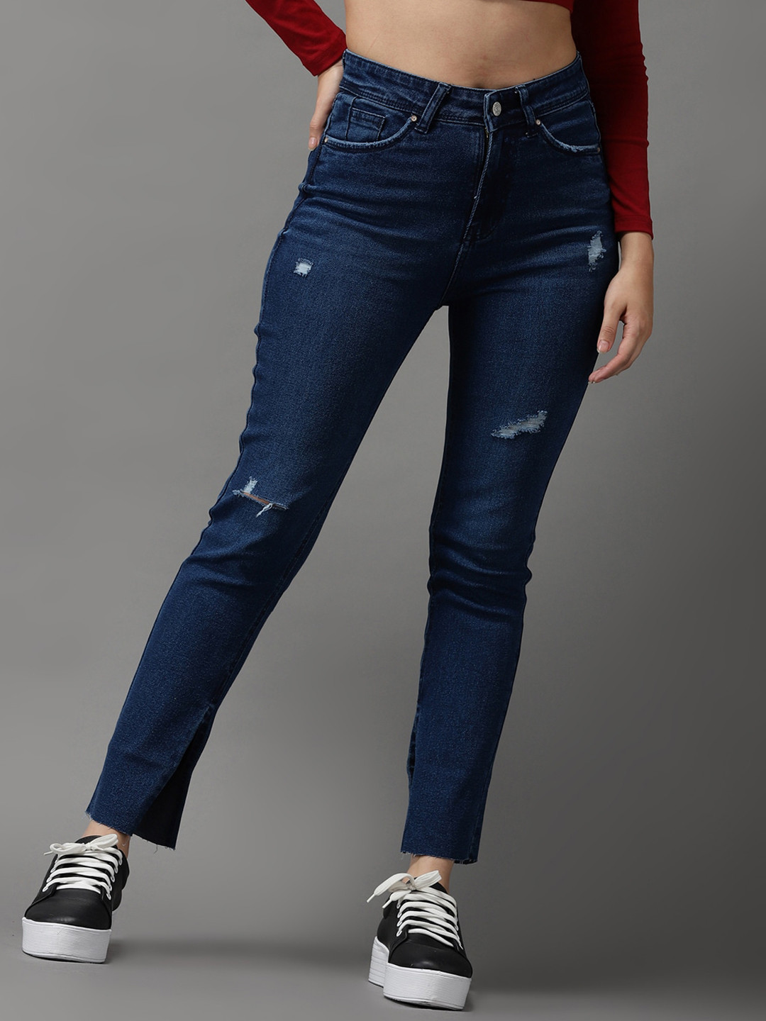 Women's Blue High-Rise Mildly Distressed Elasticated Cotton Jeans