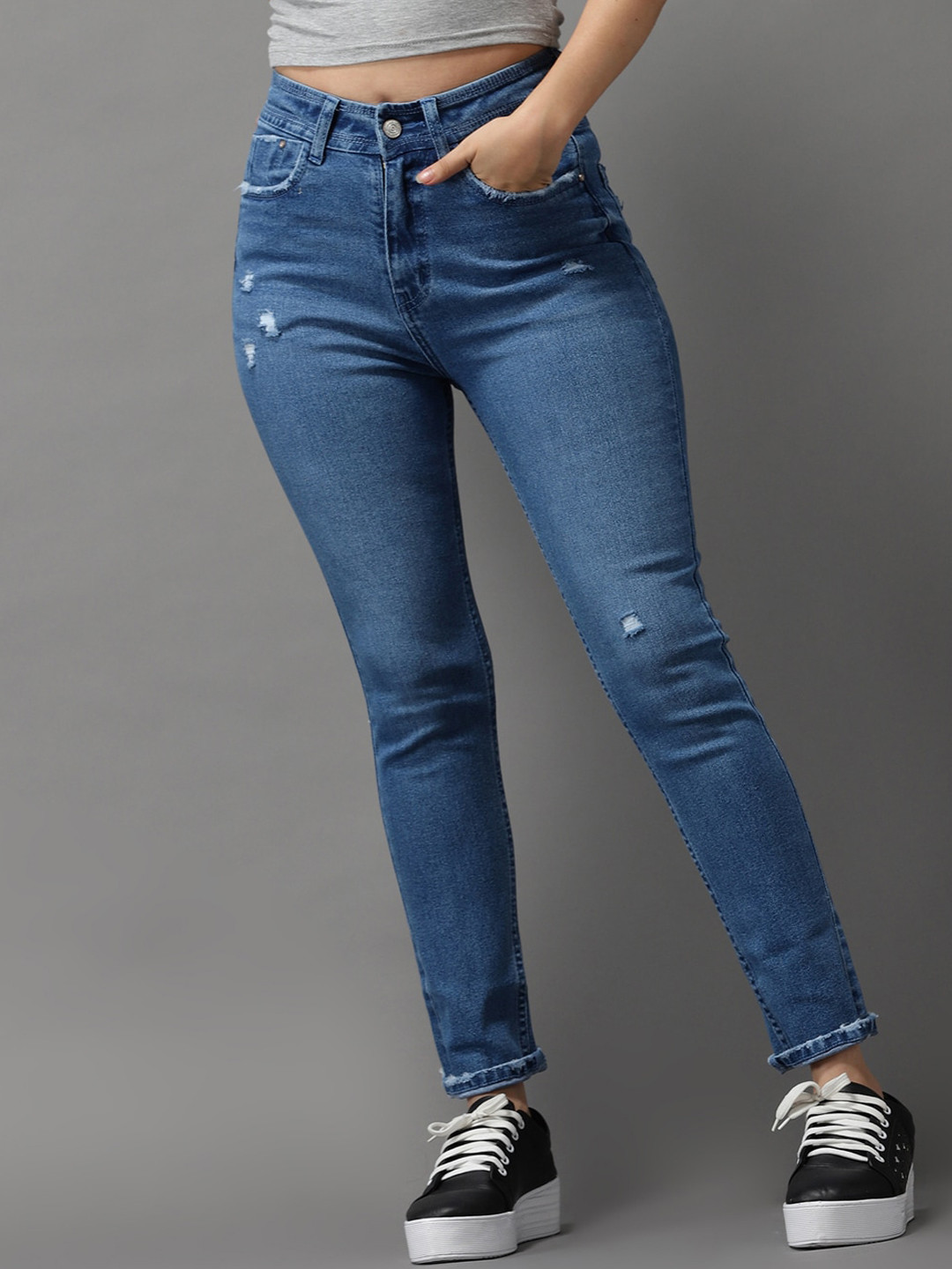 Women's Navy Blue Jean Slim Fit High-Rise Mildly Distressed Light Fade Stretchable Jeans