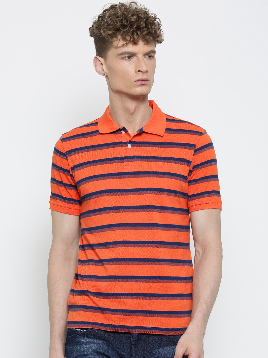 Buy Peter England Men Orange & Navy Striped Polo T Shirt - Tshirts for ...