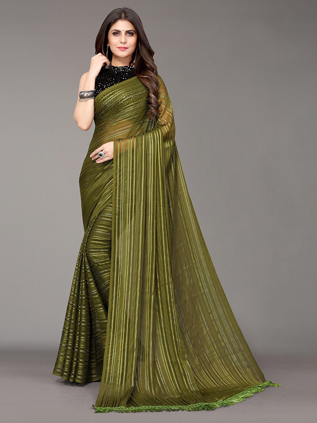 Olive Green Net Solid Saree with Jacket