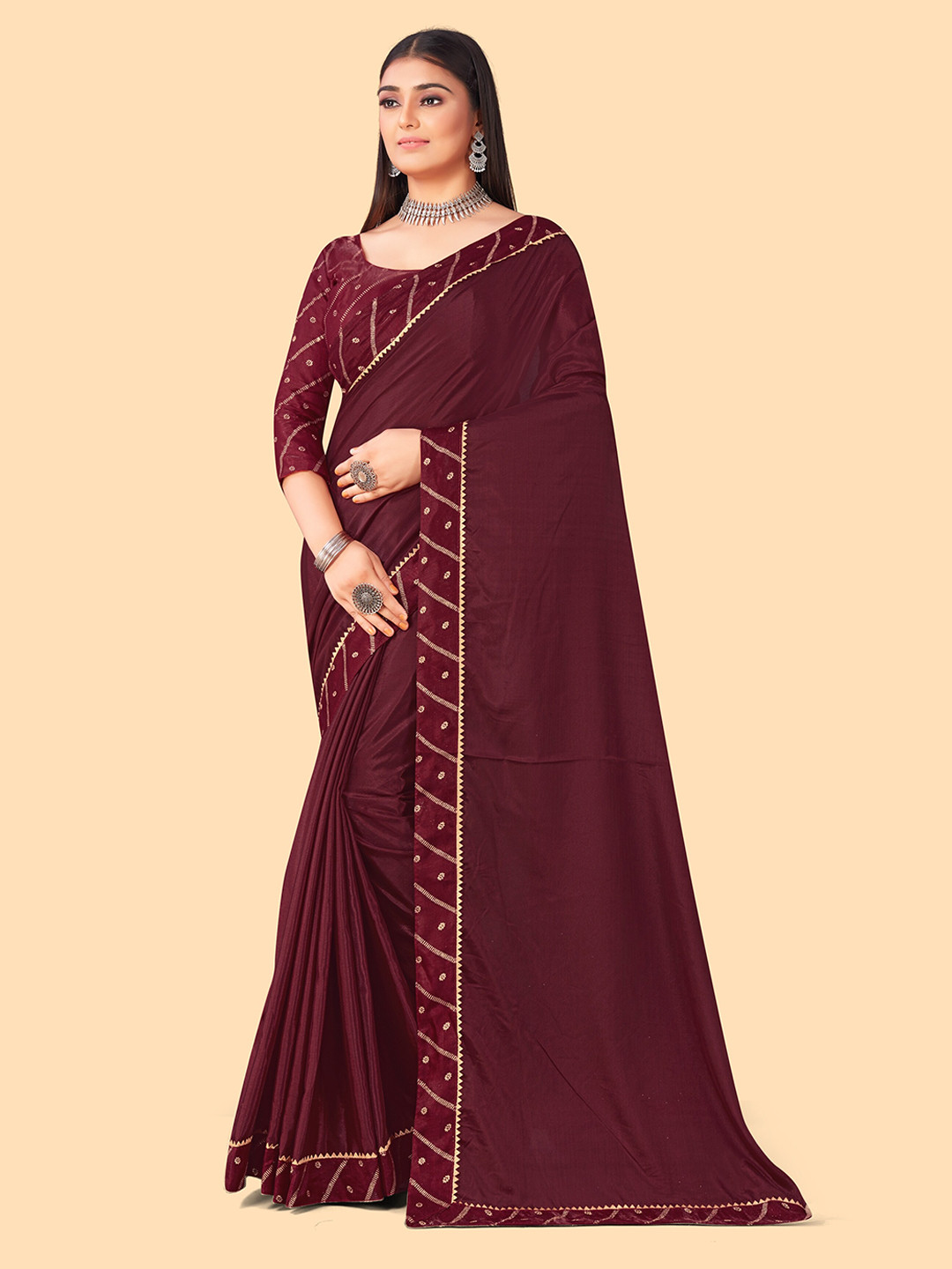 Maroon & Gold-Toned Woven Design Zari Silk Blend Saree