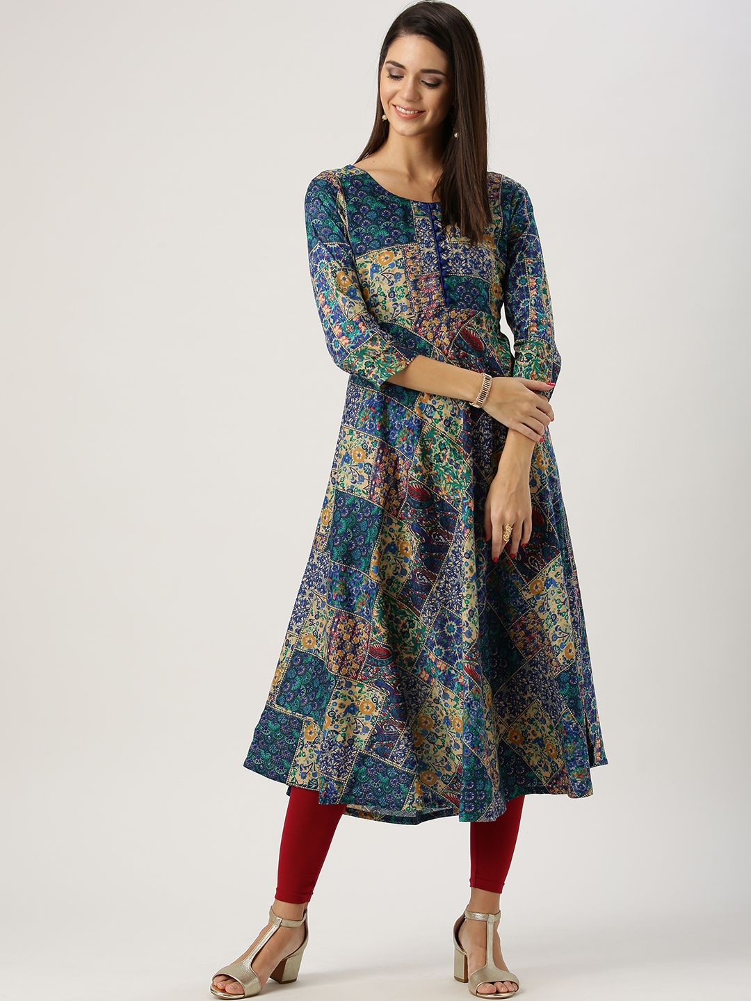 buy libas women blue beige printed anarkali kurta light blue joggers