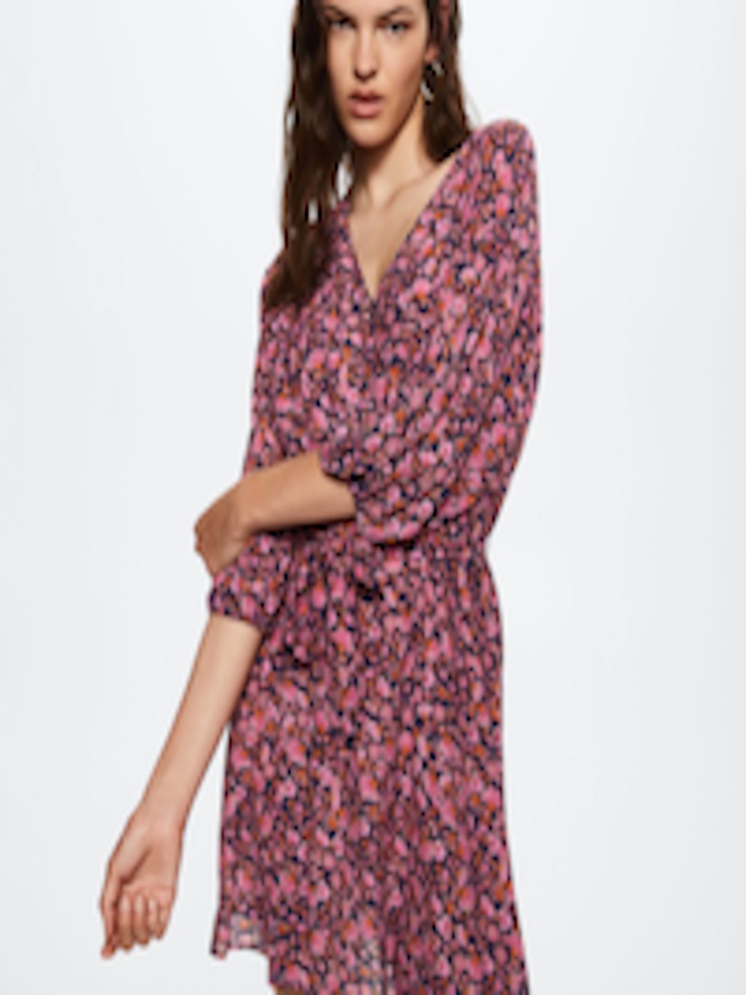 Buy MANGO Navy Blue & Pink Floral Print Sustainable A Line Dress ...