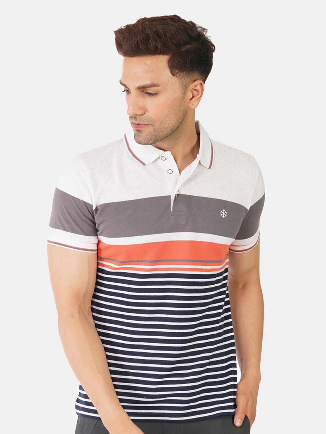 Buy MEMEN Men Grey & White Striped Polo Collar Cotton T Shirt - Tshirts ...