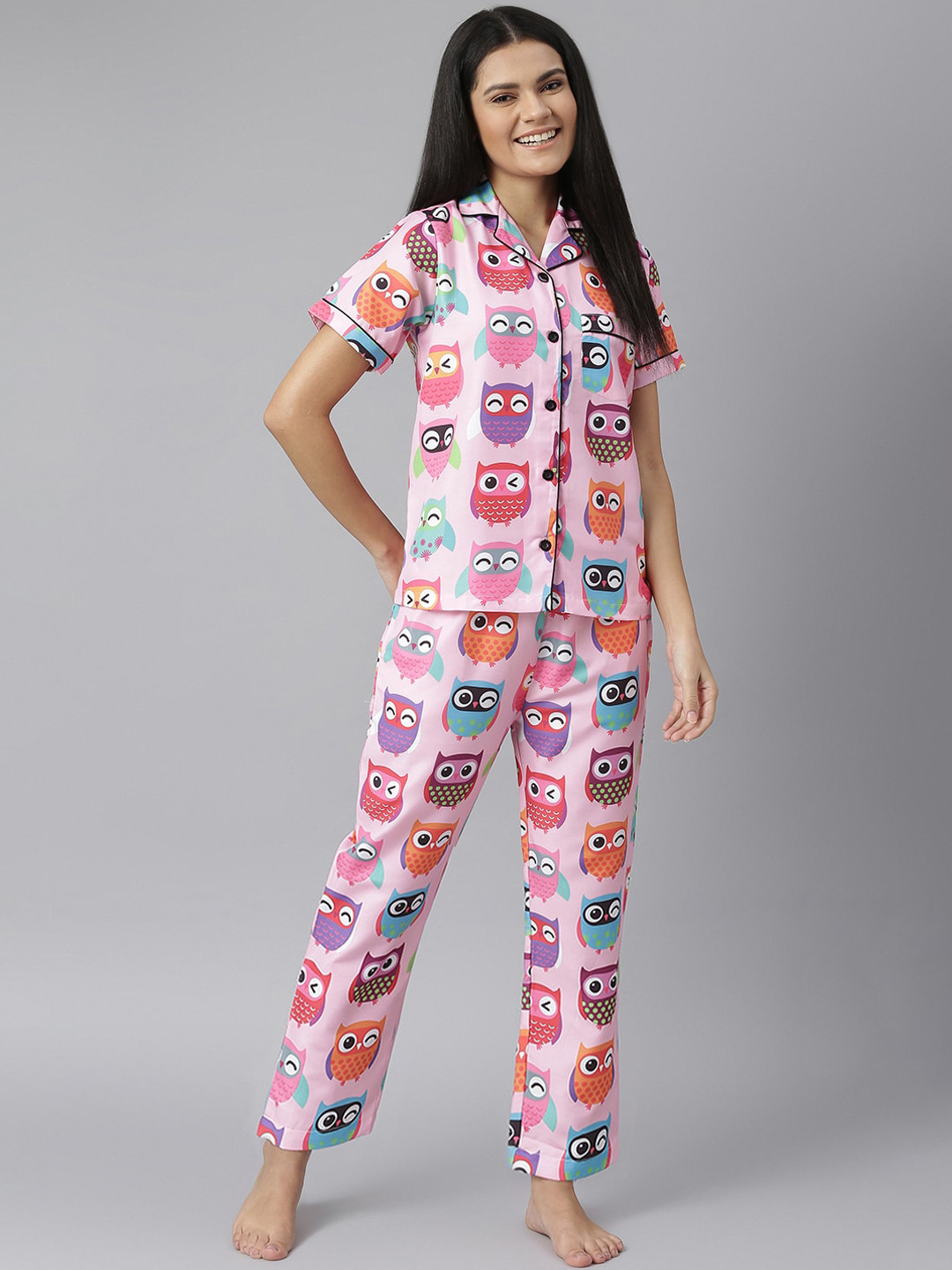 Plus Size Women Pink Printed Night Suit With Half Sleeves