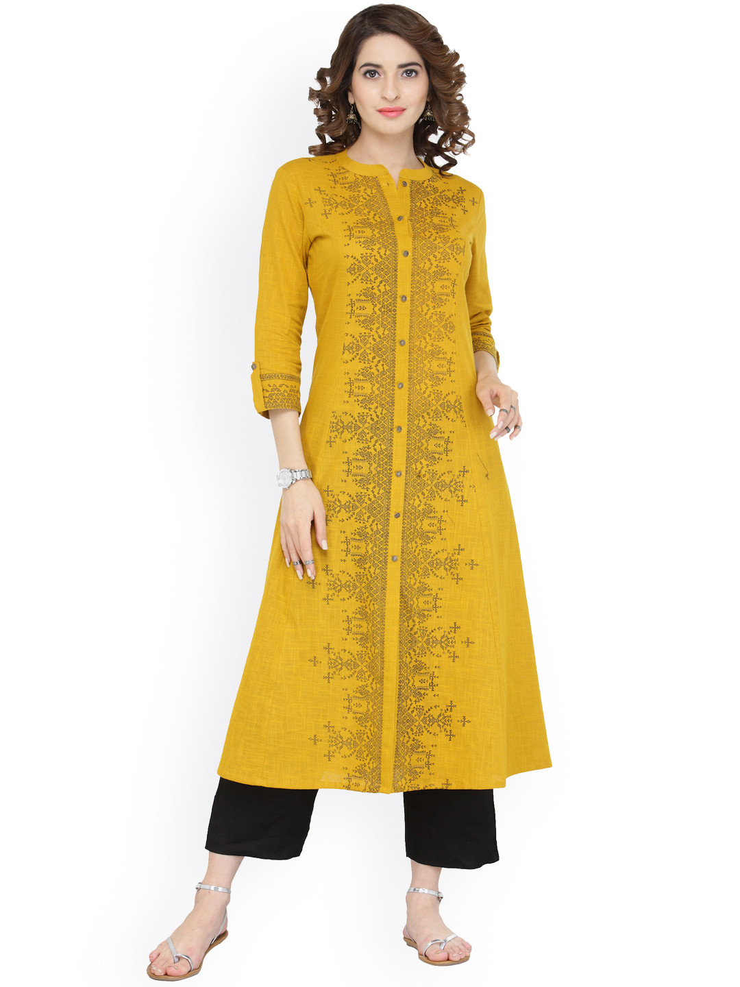 Buy Varanga Women Mustard Yellow & Black Printed Kurta With Palazzos Kurta Sets for Women