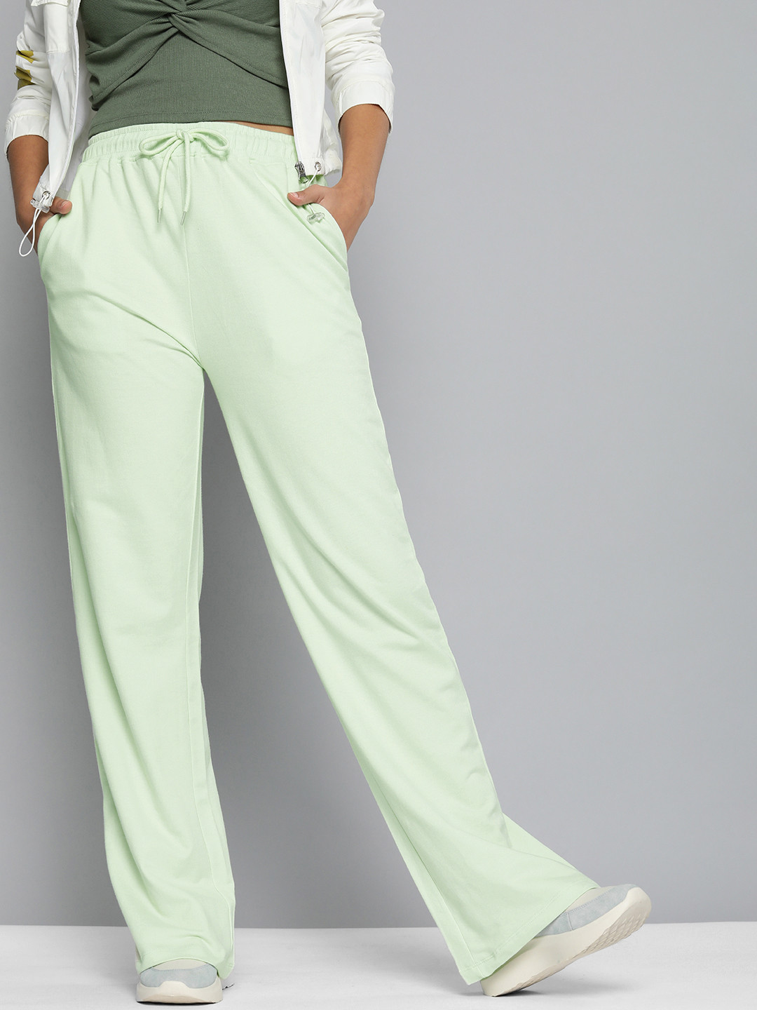 Buy HERE&NOW Women Green Solid Regular Fit Knitted Pure Cotton Track