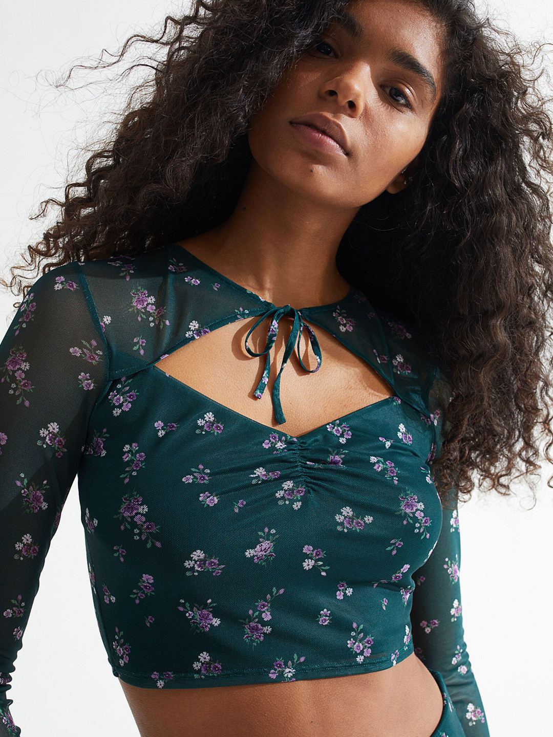 Buy H&M Women Teal Green Printed Mesh Cut Out Top Tops for Women