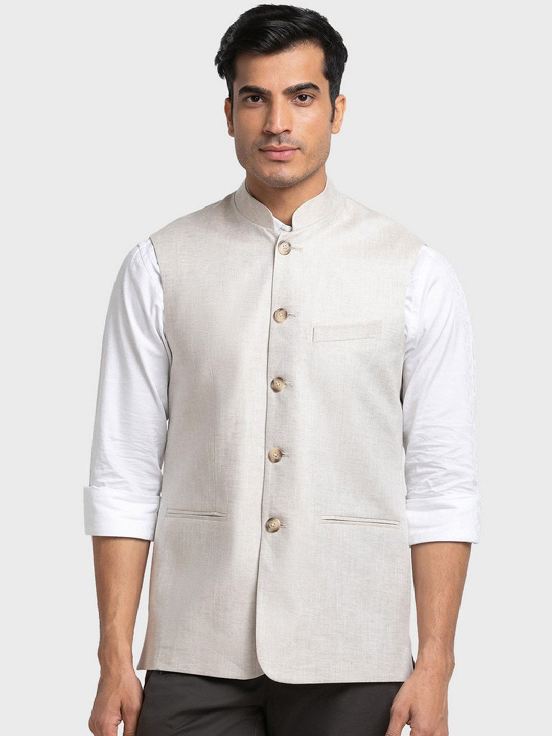 Men'S Beige Solid Nehru Jacket With Square Pocket