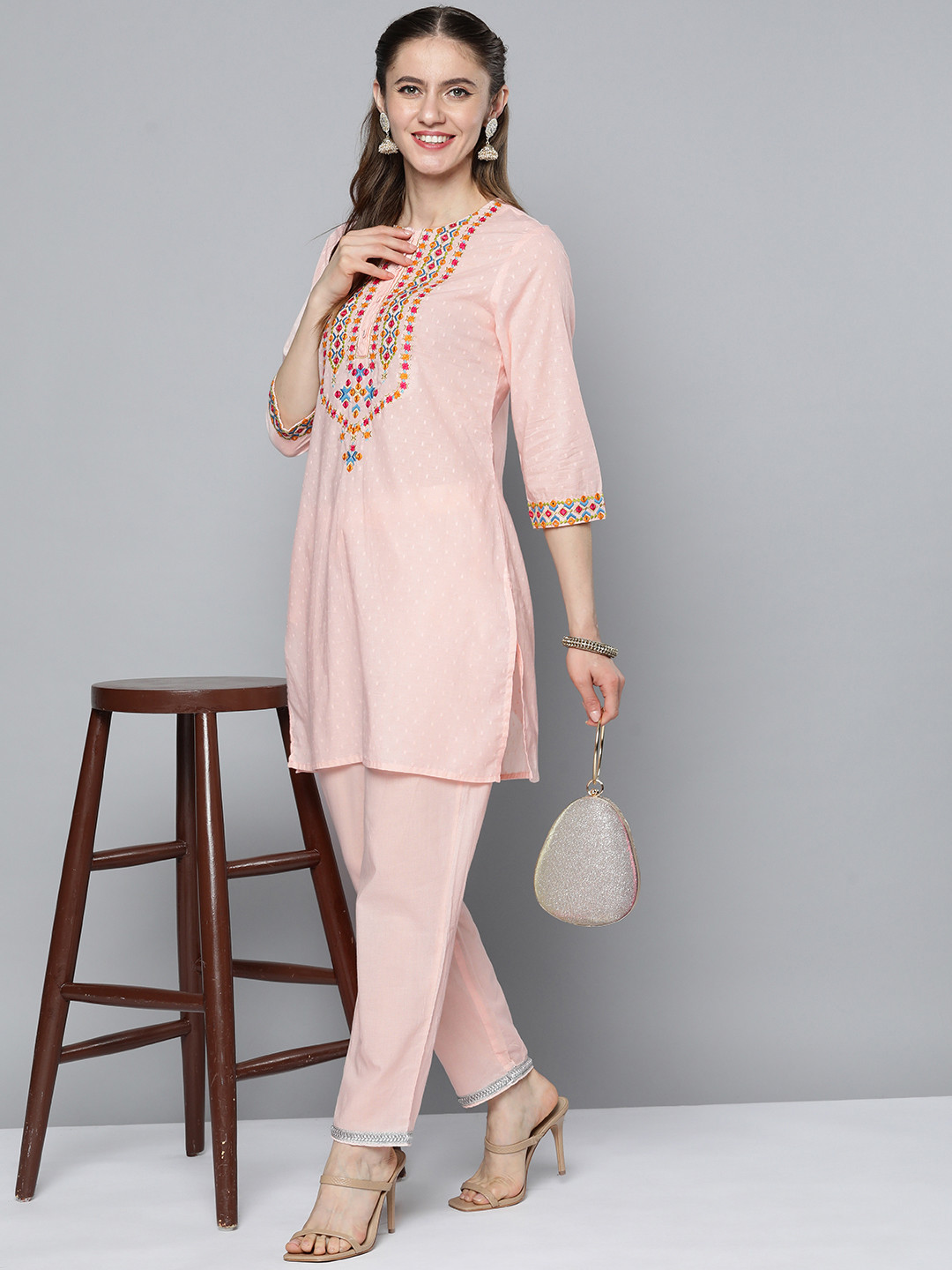 Women Peach Cotton Dobby Embroidered Kurta, Pants & Dupatta Set