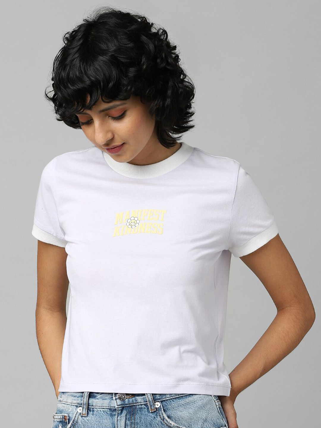 Women's Embellished Typography White Relaxed Fit T-Shirt