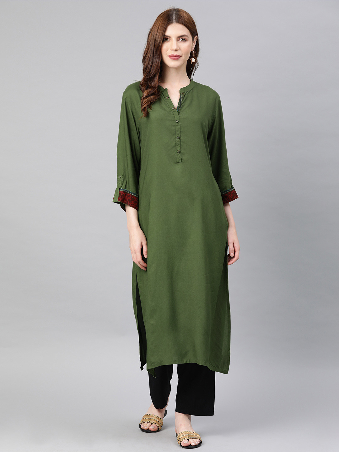 Women'S Green Solid Straight Kurta