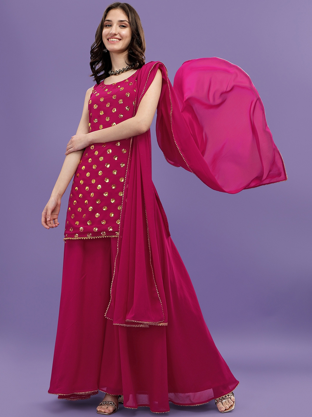 Buy ASPORA Women Pink Printed Sequinned Silk Georgette Kurti With ...