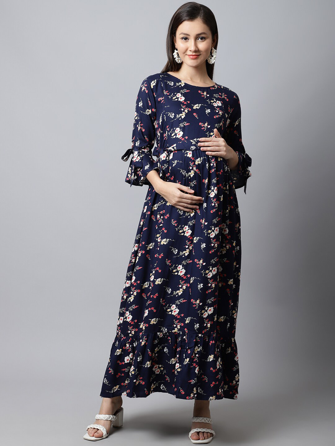 Buy Moms Maternity Navy Blue Floral Maternity Maxi Dress Dresses for