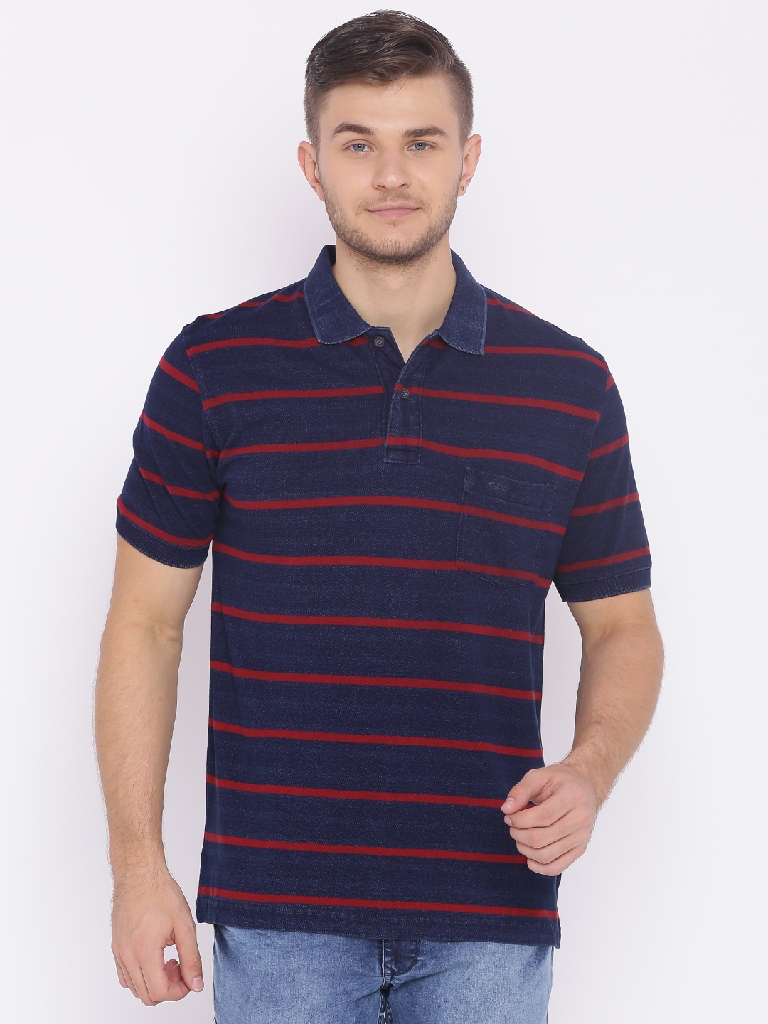 Buy ColorPlus Men Navy Red Classic Fit Striped Polo Collar Pure Cotton ...