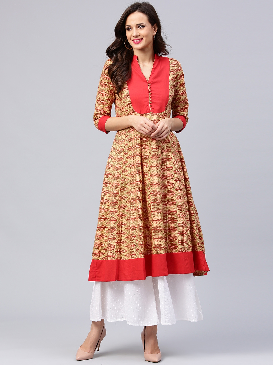 Buy Aks Women Beige And Red Printed Anarkali Kurta Kurtas For Women 1995619 Myntra 9144