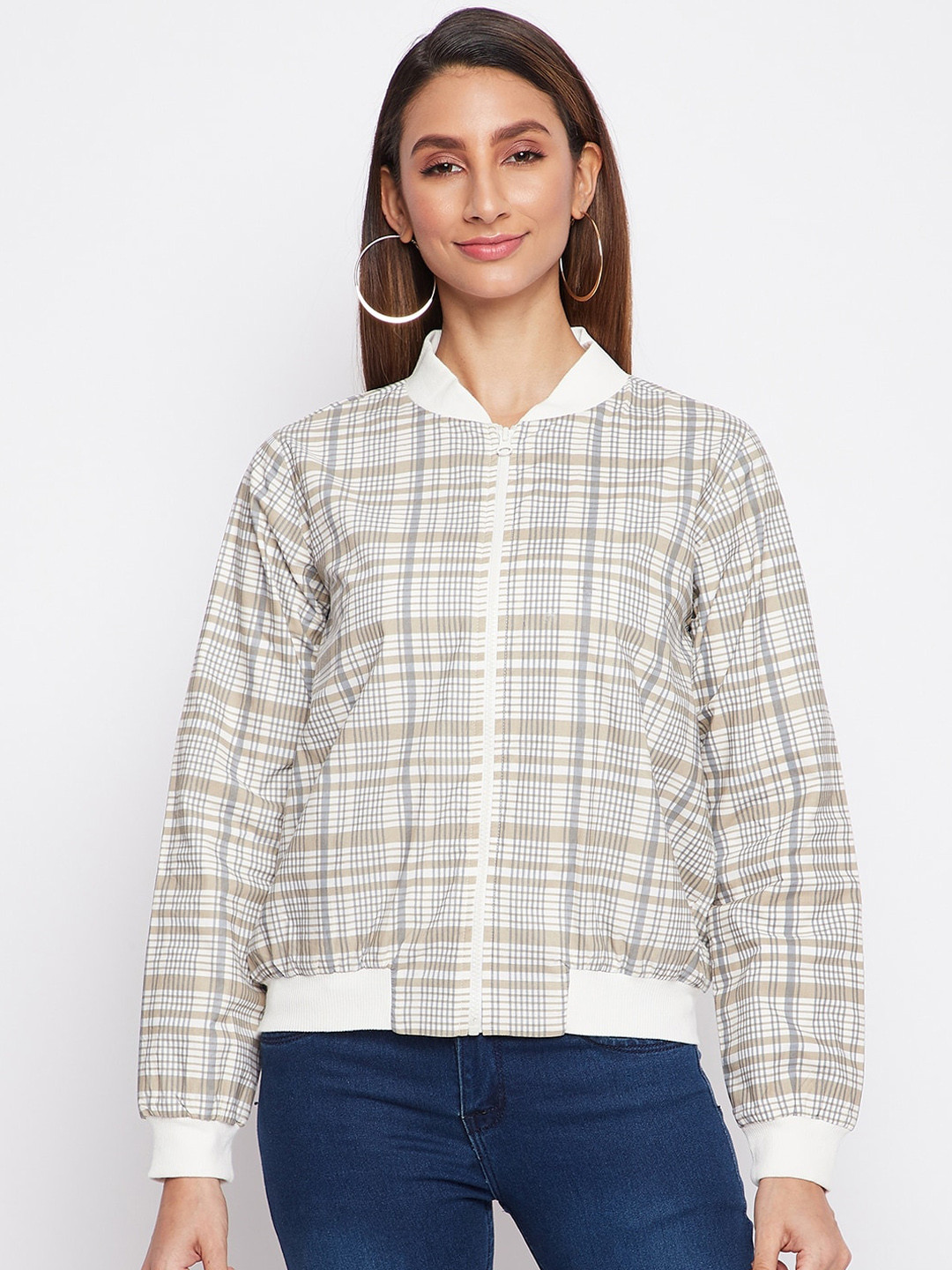 Buy Sandy AND Ritz Women Grey Checked Lightweight Bomber Jacket