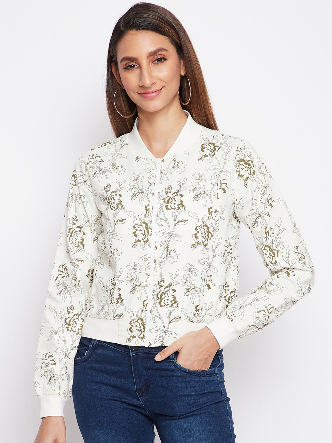 Buy Sandy AND Ritz Women White Green Floral Lightweight Crop Bomber