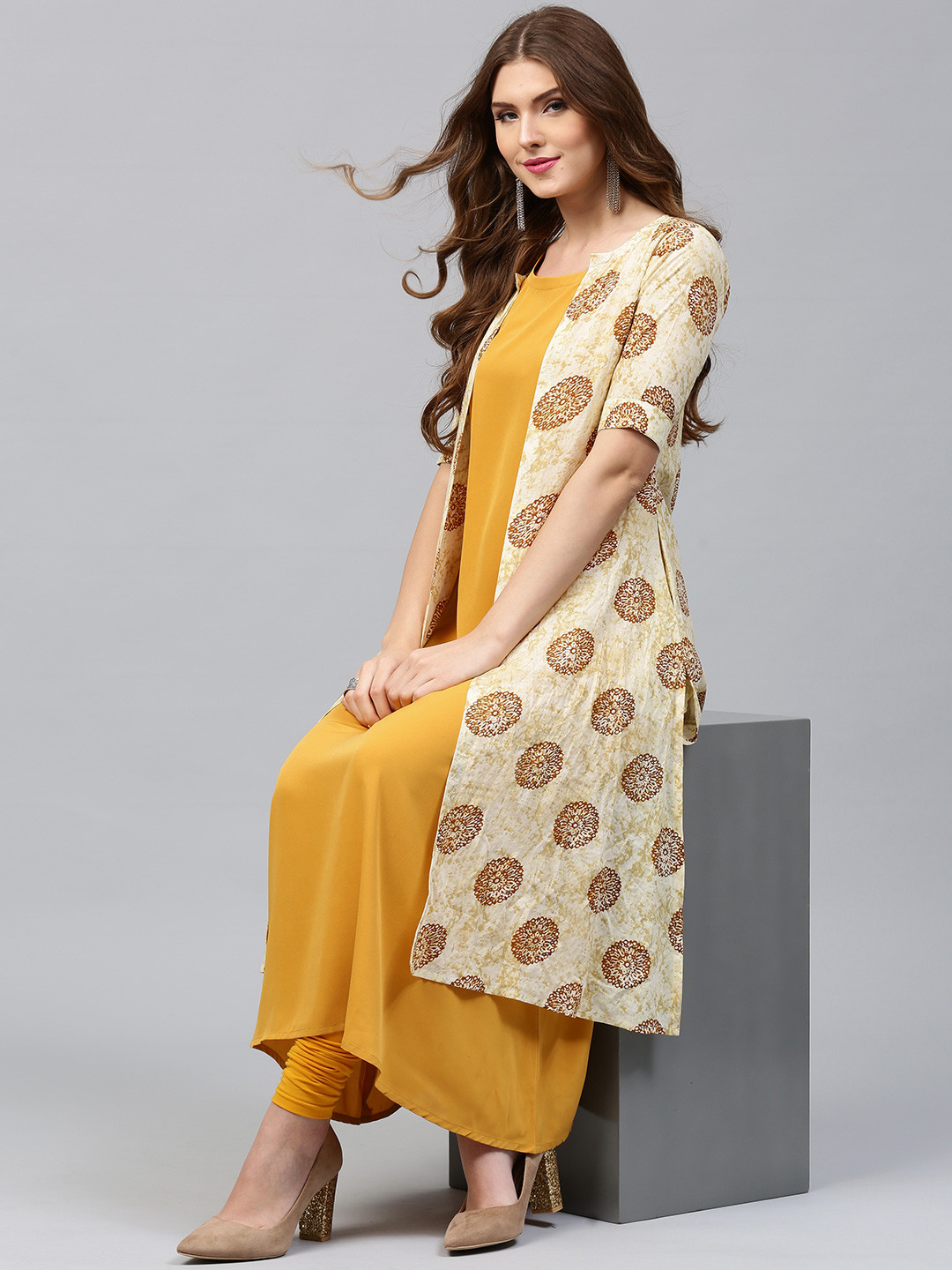 Buy Libas Women Mustard Yellow Solid A Line Kurta Kurtas for Women