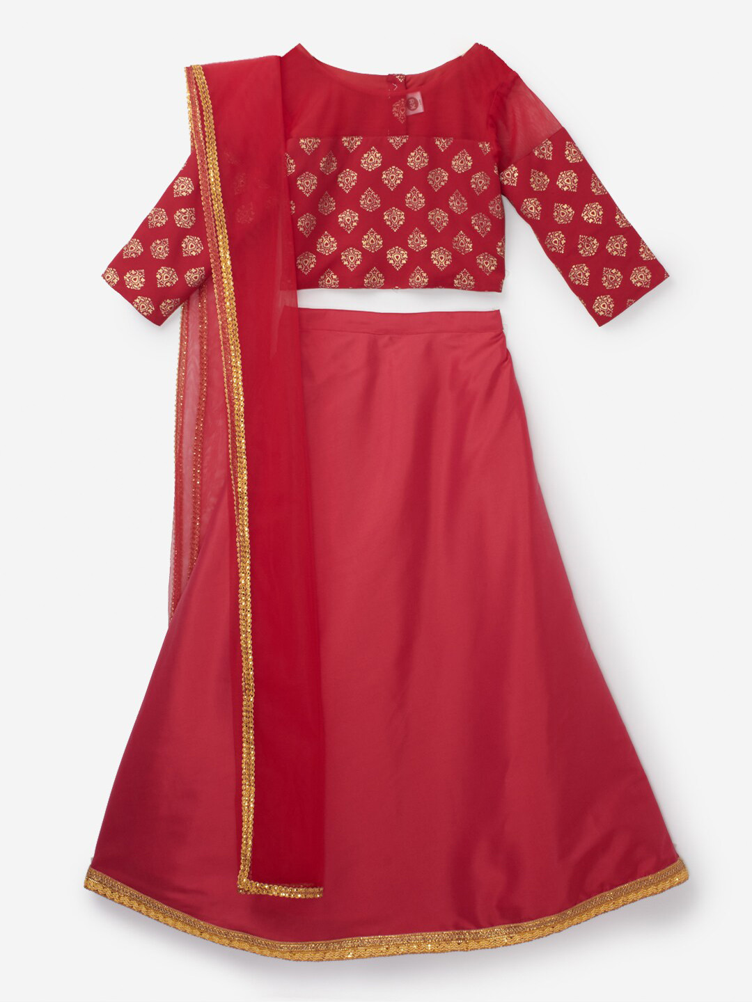 Girls Red & Mustard Embellished Ready to Wear Lehenga & Blouse With Dupatta main image 0