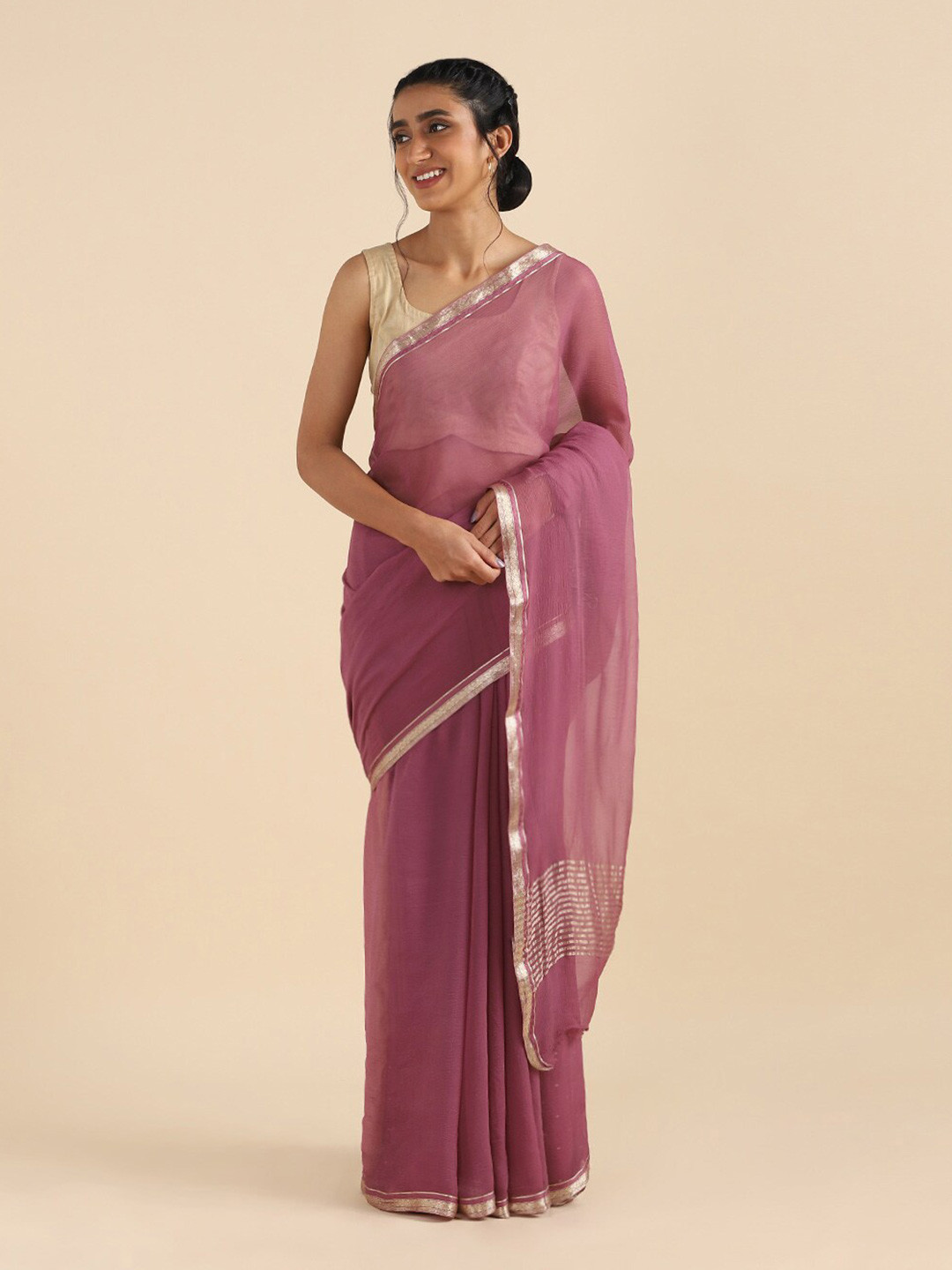 Buy Taneira Pink & Gold Toned Zari Pure Chiffon Saree - Sarees for