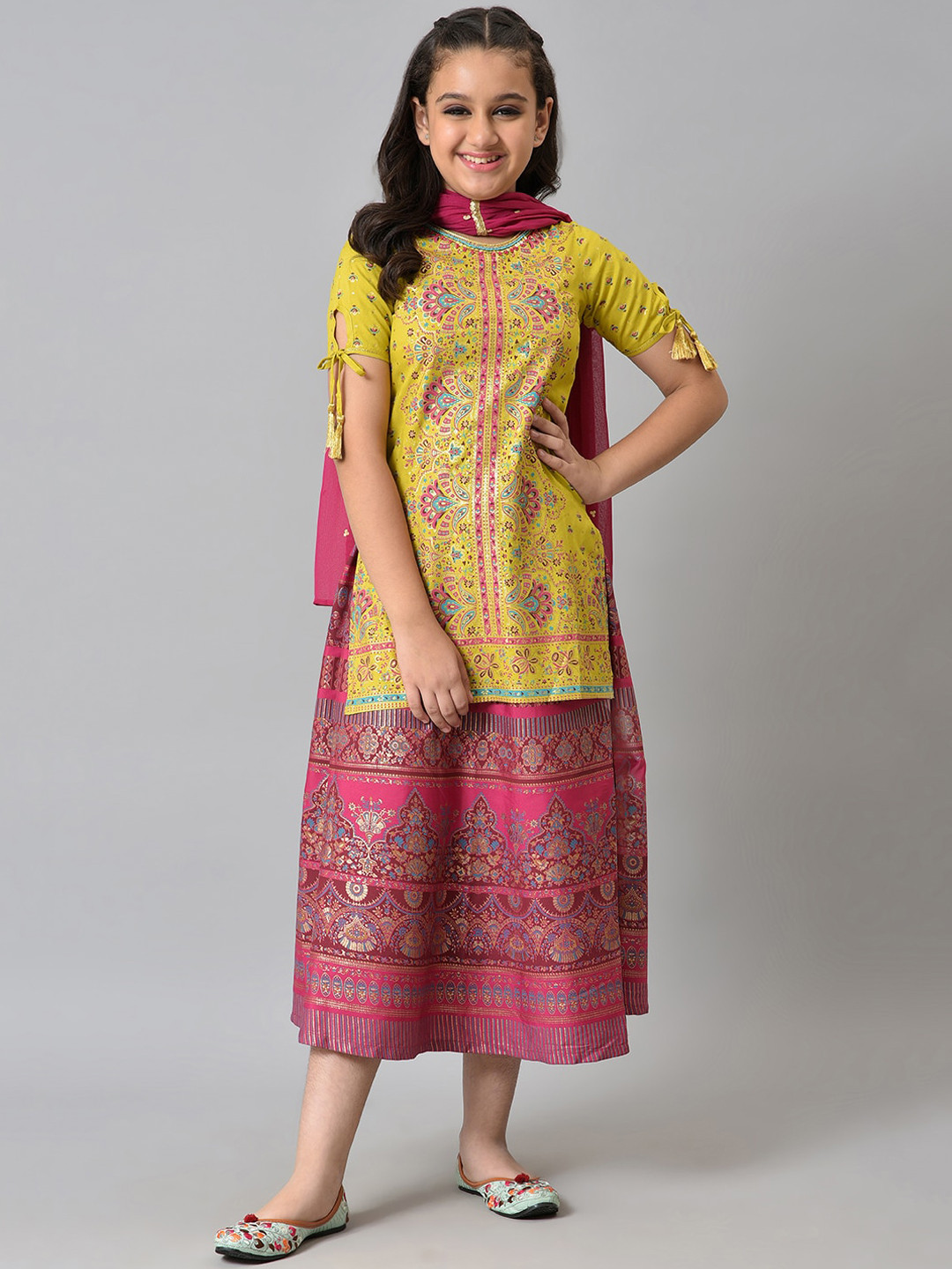 Girls Mustard Yellow & Pink Embroidered Kurta With Pyjamas & Dupatta