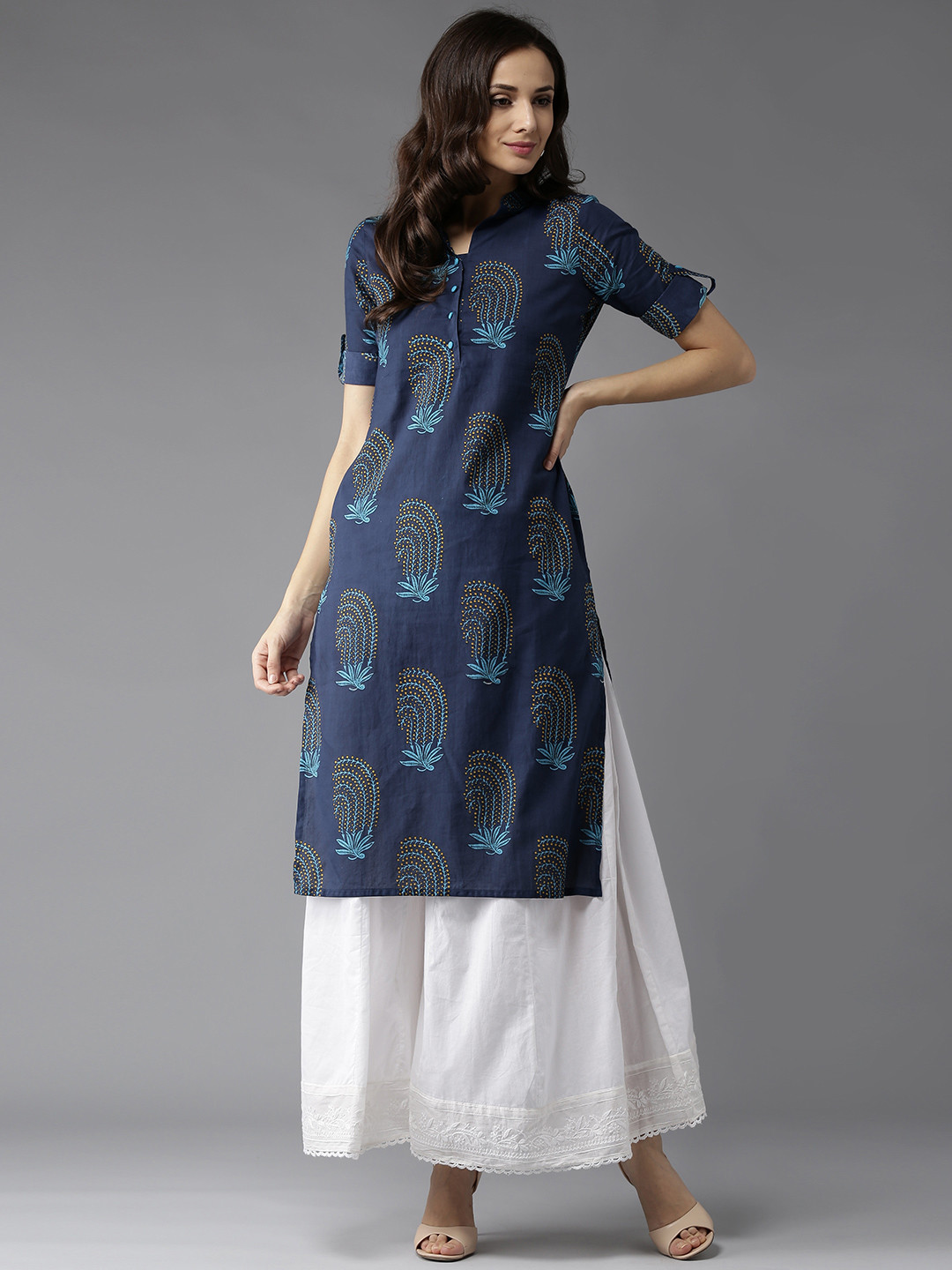 Women'S Navy Blue Printed Straight Kurta