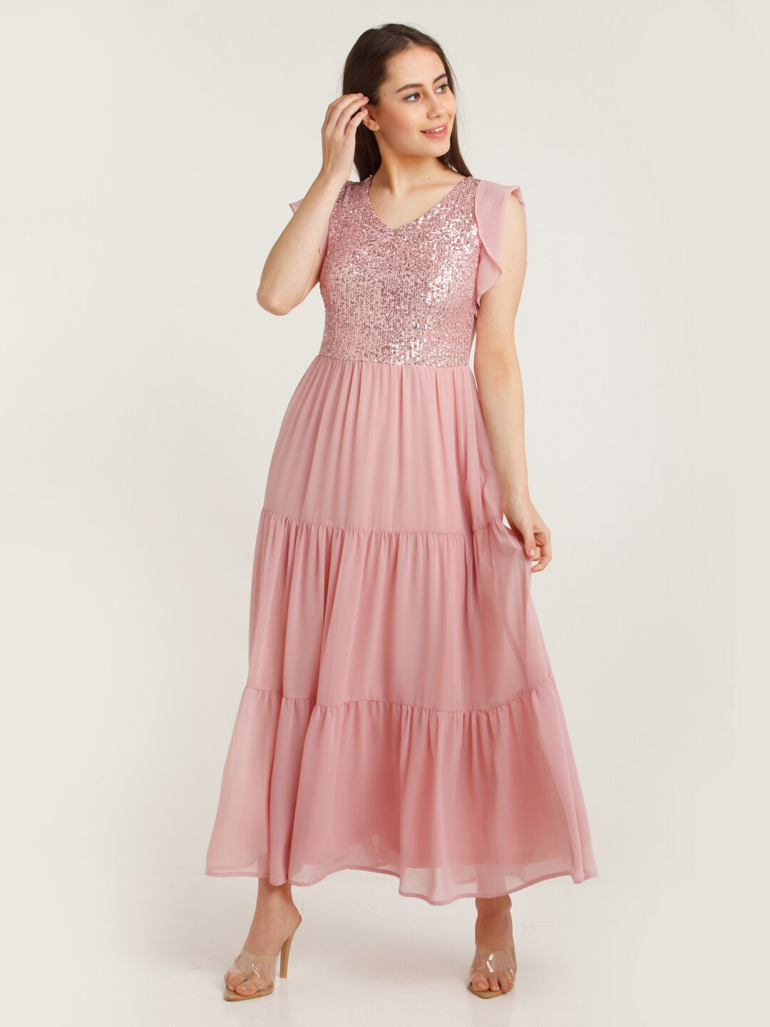 Buy Zink London Women Peach Embellished Tiered Maxi Dress Dresses for