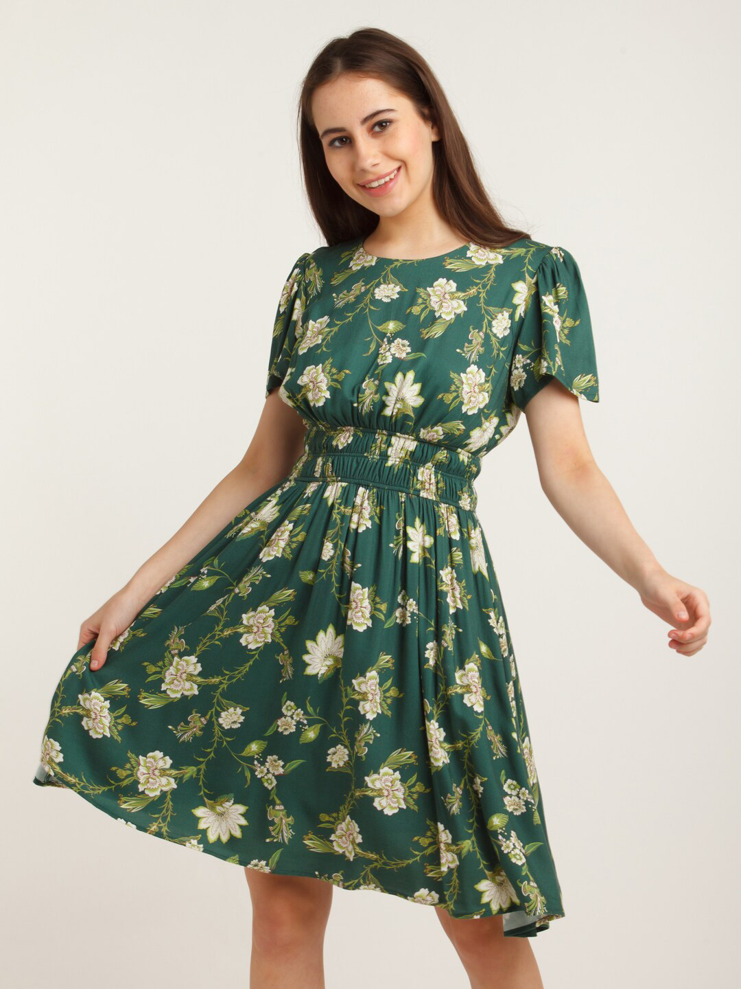 Buy Zink London Green Printed Floral Flared Dress Dresses for Women