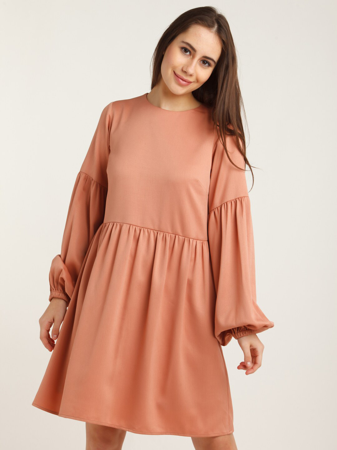 Buy Zink London Peach Coloured A Line Gathered Sleeves Dress