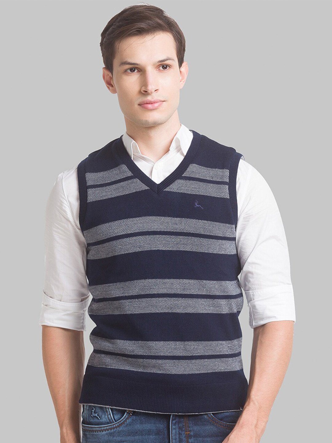 Buy Parx Men Blue & Grey Striped Sweater Vest Sweaters for Men
